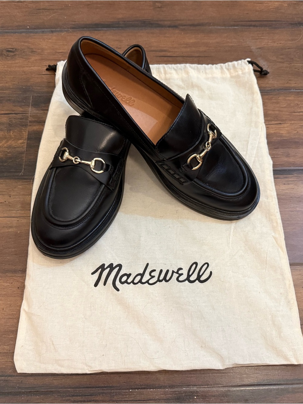 Madewell Black Leather Loafers with Gold Hardware